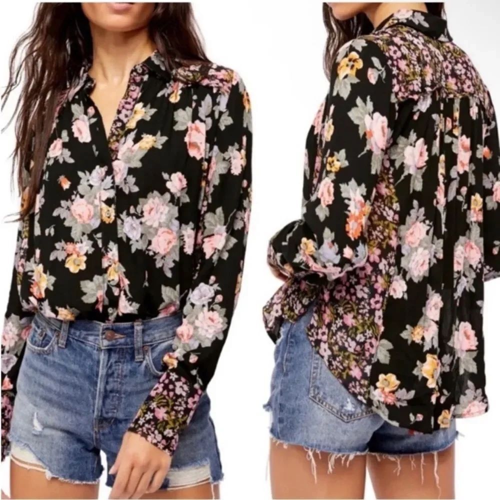 FREE PEOPLE | Hold On To Me Floral Black Button Down Blouse Women’s Size Small